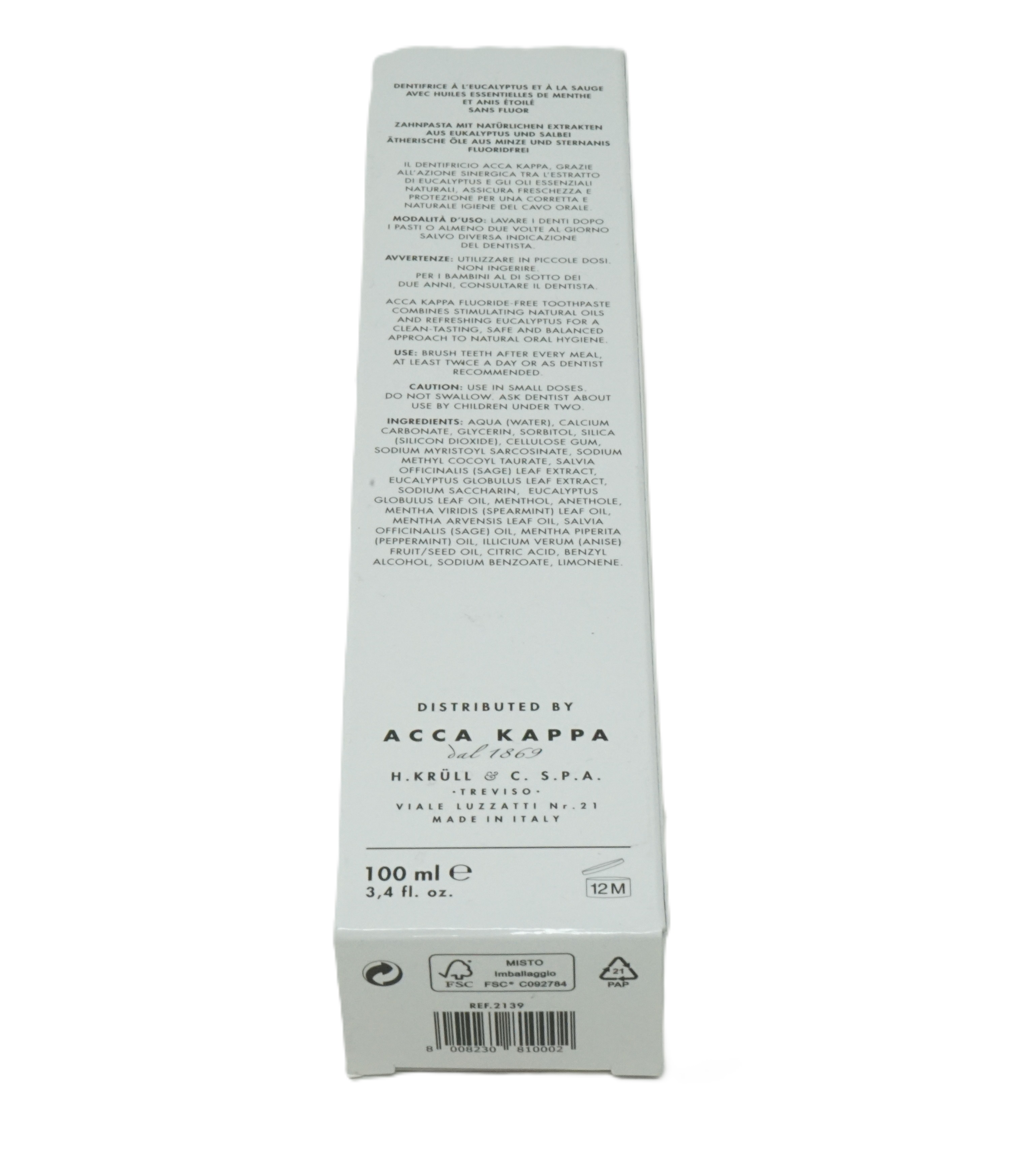 Acca Kappa Toothpaste natural origin Flouride free 100 ml
